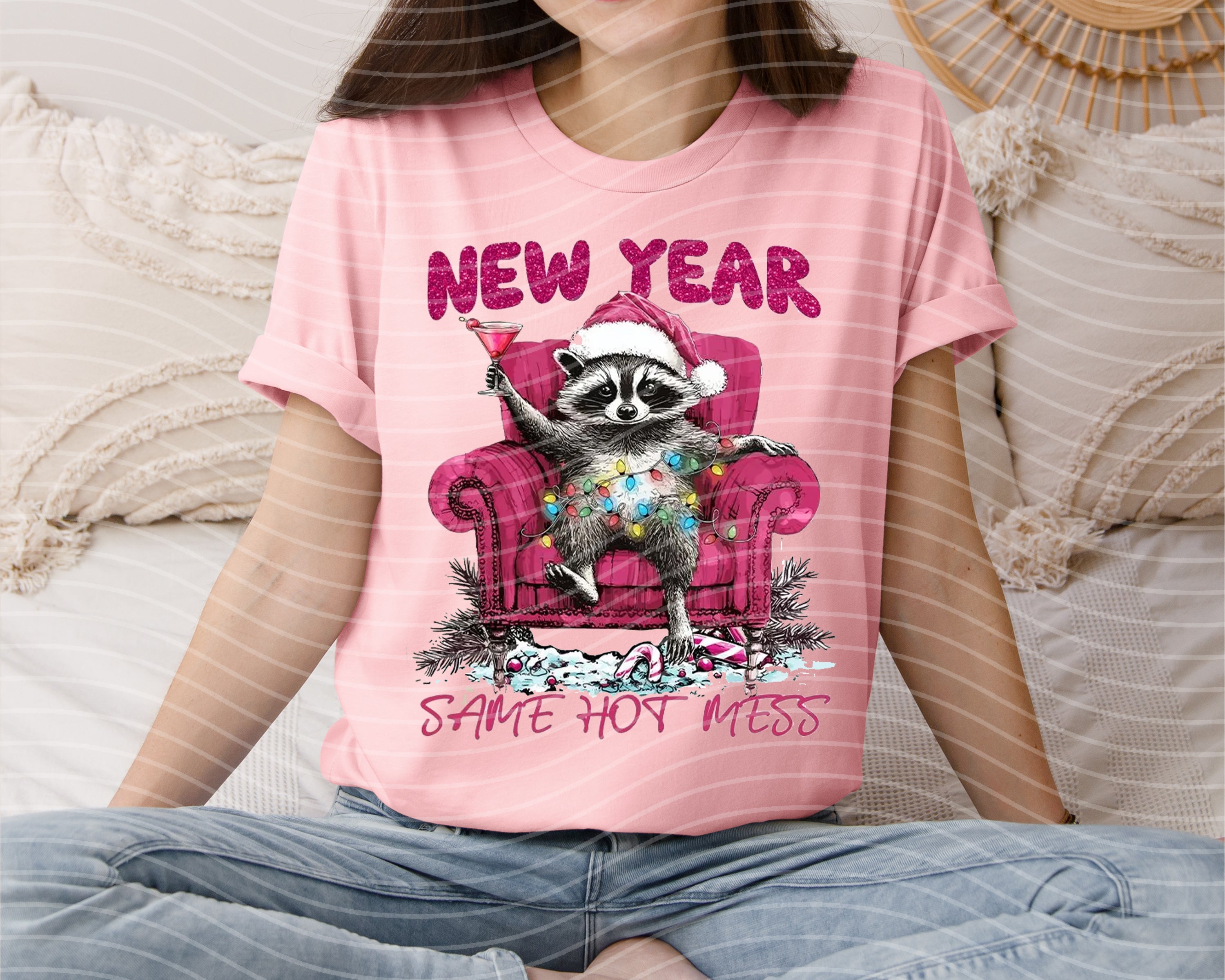 Black graphic tee with "New Year Same Hot Mess" slogan from Anchored Grace Boutique, displayed flat with rolled sleeves.