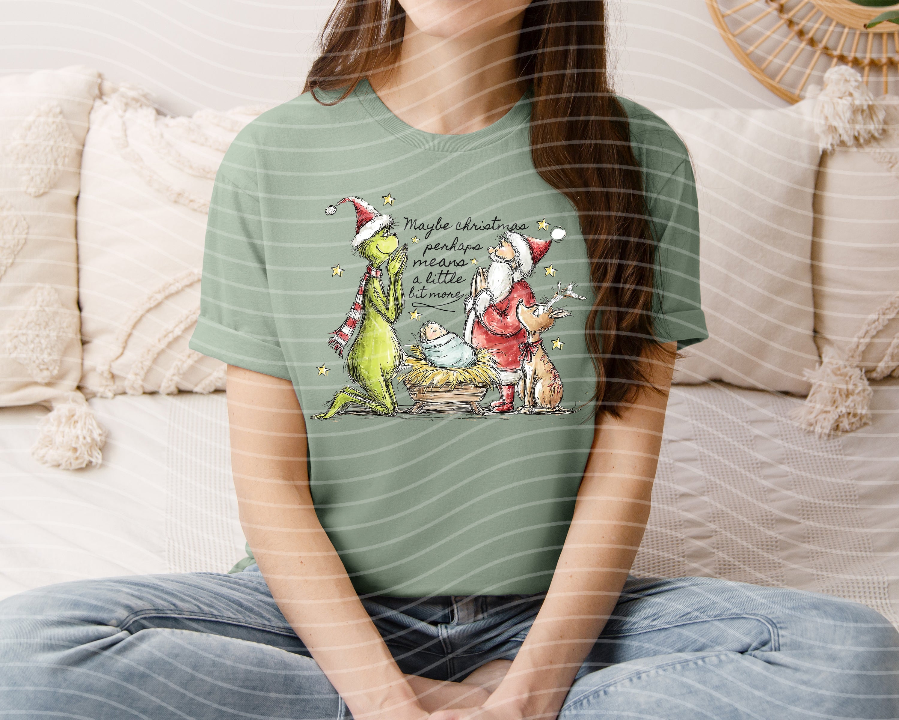 Maybe Perhaps Christmas Means a Little Bit More graphic tee by Anchored Grace Boutique, featuring festive holiday design.