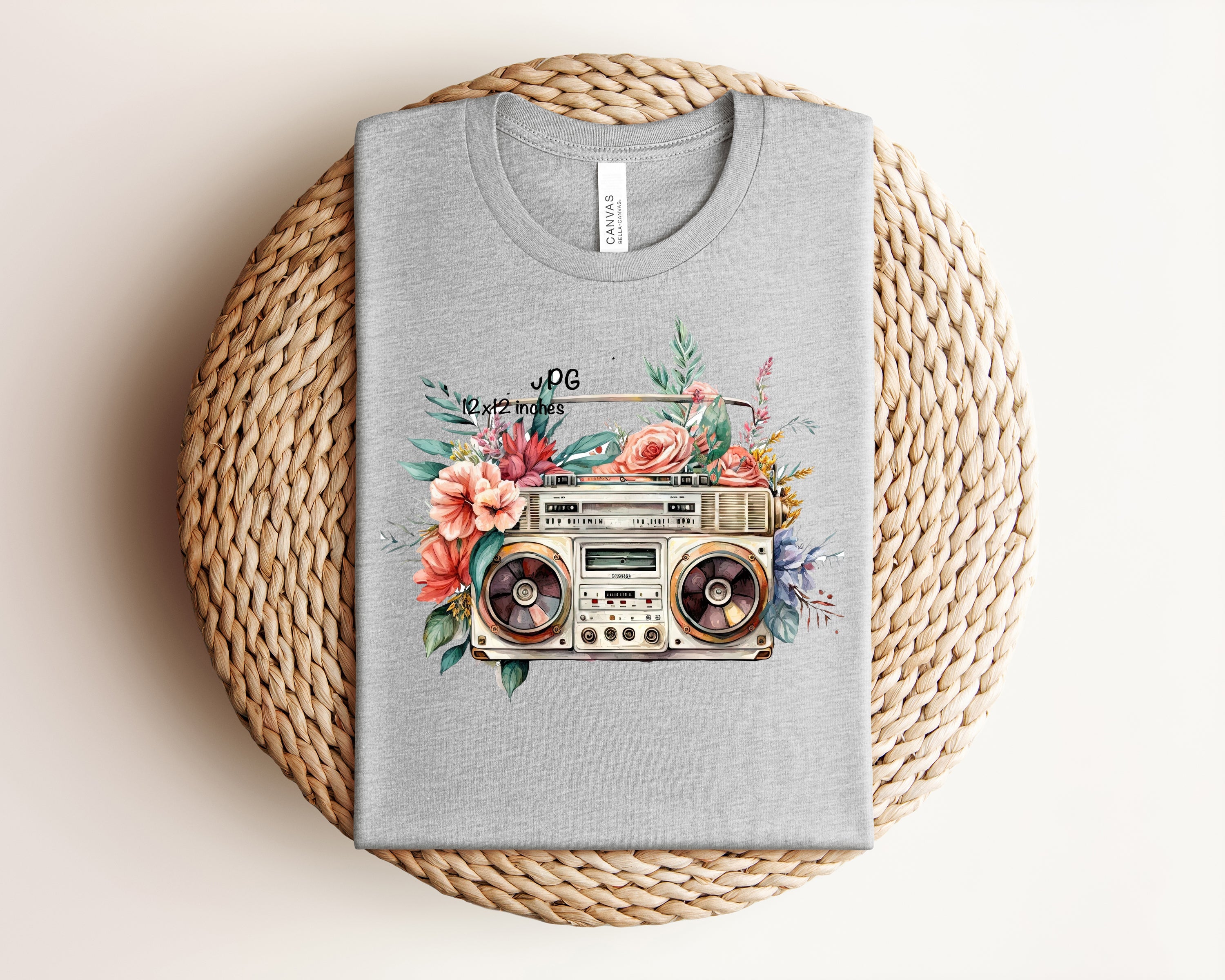 Floral boombox graphic tee from Anchored Grace Boutique featuring vibrant floral and boombox design on a casual t-shirt