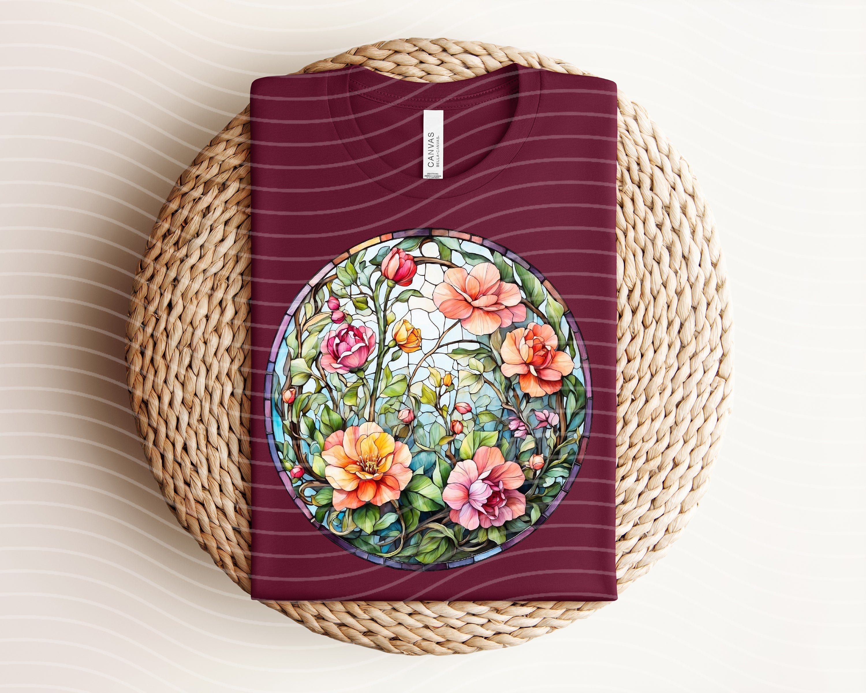 Floral stained glass graphic tee by Anchored Grace Boutique featuring vibrant floral design on a casual t-shirt.