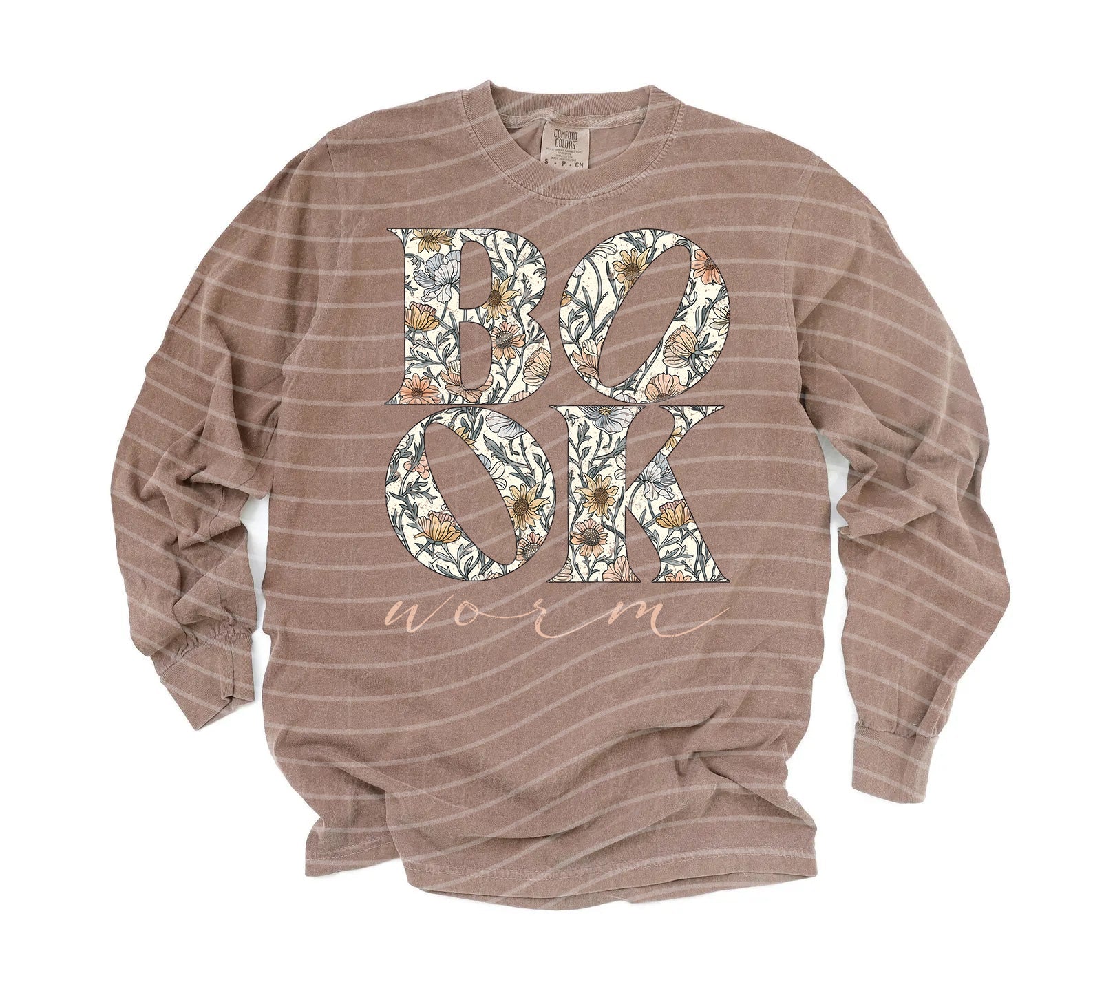 Gray Book Worm graphic tee from Anchored Grace Boutique featuring a playful worm illustration and bold text on soft cotton fabric.