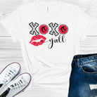 Pink XOXO Y'all Valentine's Day graphic tee by Anchored Grace Boutique, featuring a cheerful design on soft fabric.