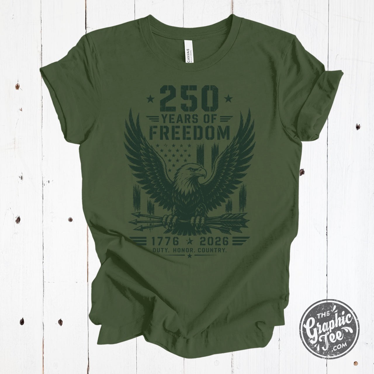 The Graphic Tee 250 Years of Freedom short sleeve graphic t-shirt with patriotic design and bold text on white fabric.