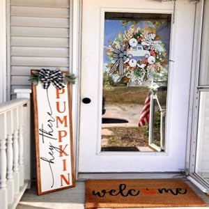 20-inch fall wreath with white pumpkin, red truck, and bow for front door, cozy harvest porch decor by CozyNest Decor