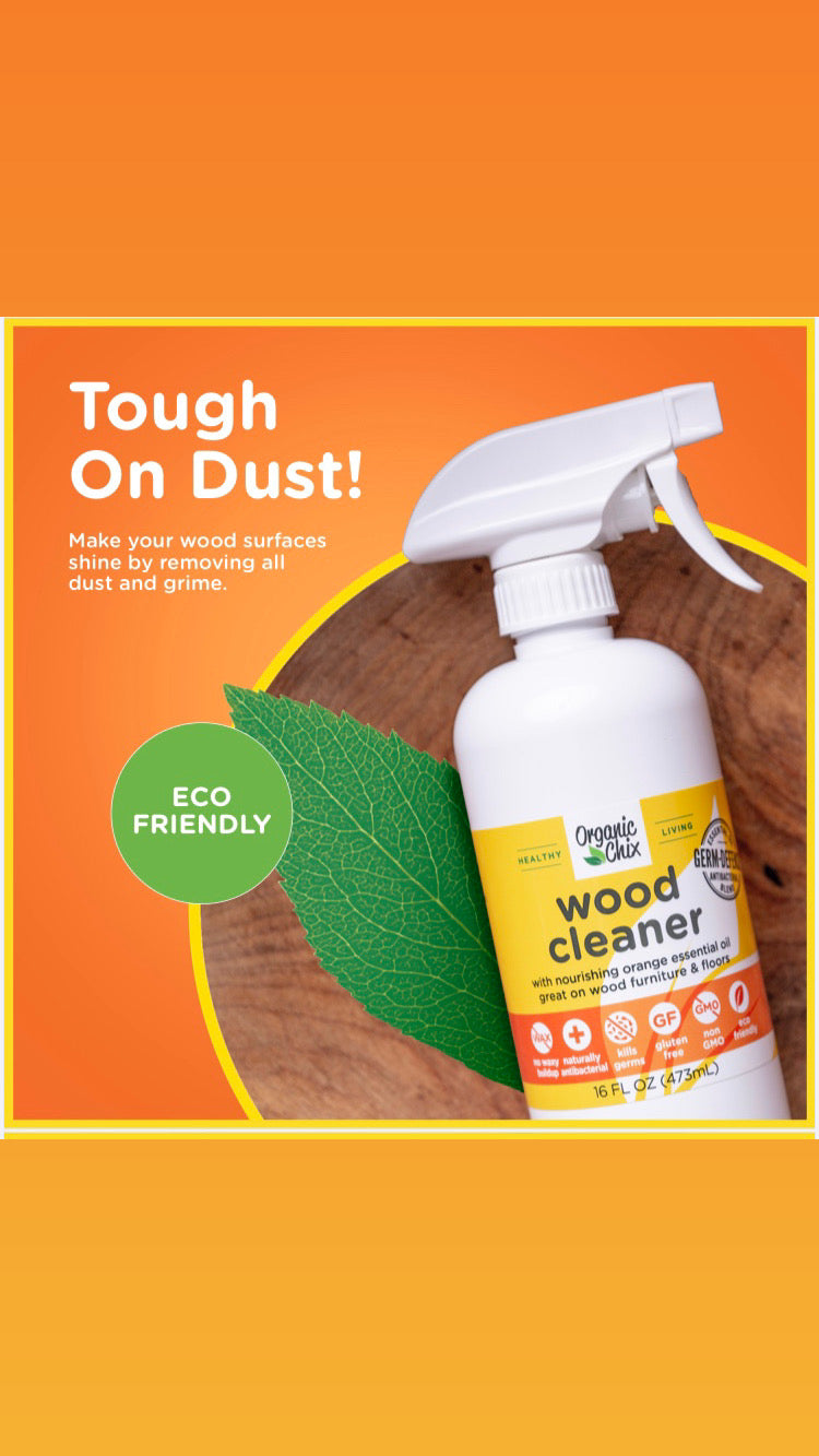 Organic Chix natural non-toxic wood cleaner in a spray bottle, showcasing a clean wooden surface with fresh, eco-friendly cleaning product.