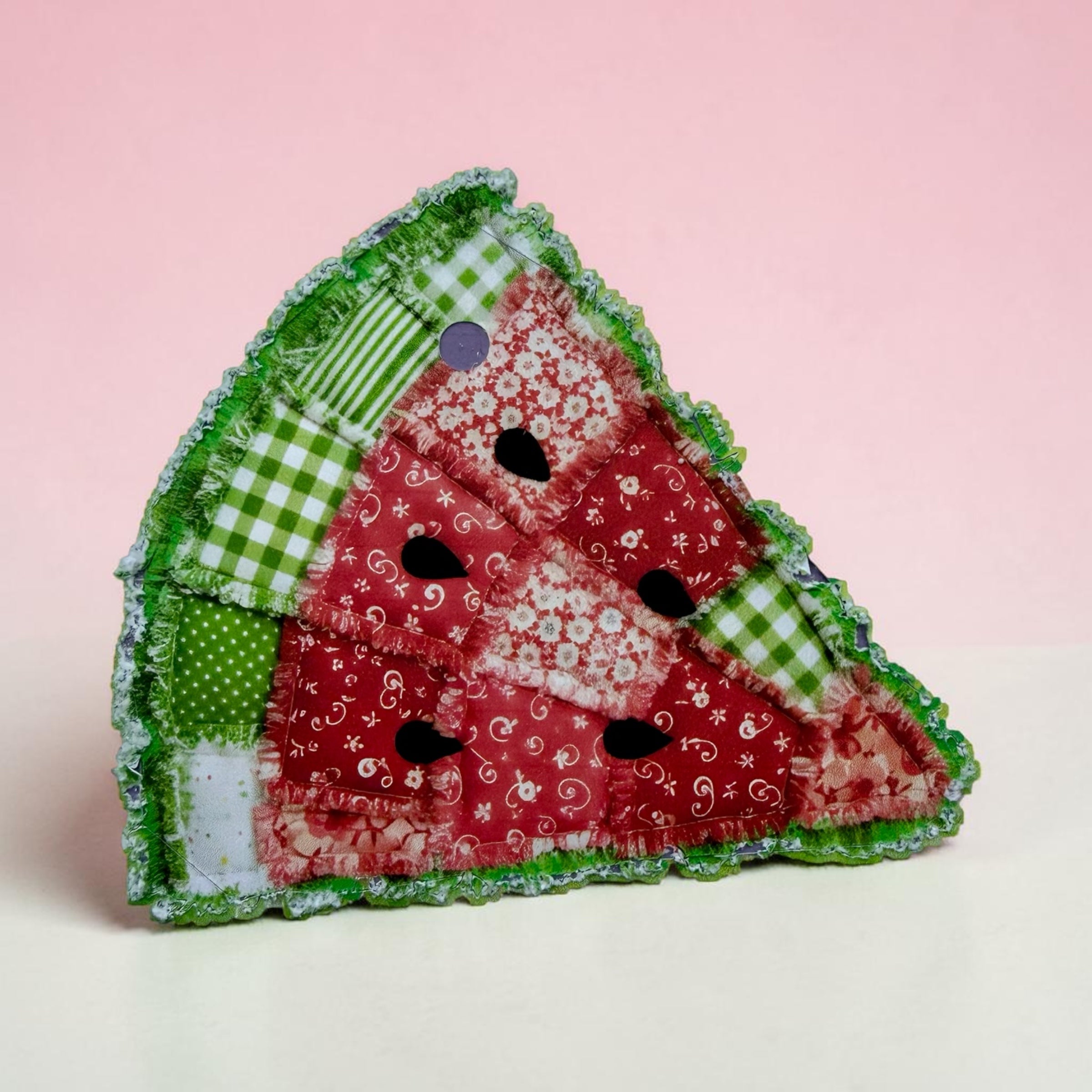 Watermelon Patchwork Freshie by Bug & Bean Freshies featuring colorful fabric patchwork and a watermelon design.