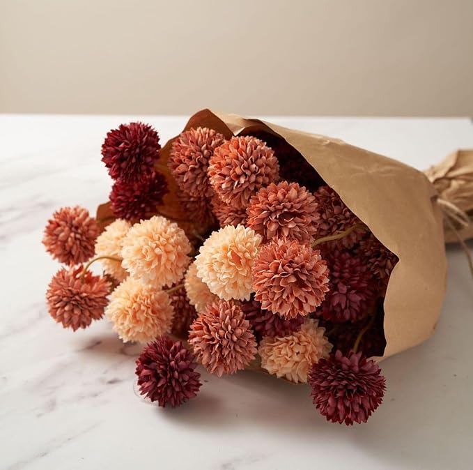 CozyNest Decor artificial fall flowers with burnt orange faux kiku and eucalyptus stems, perfect for autumn floral centerpieces.