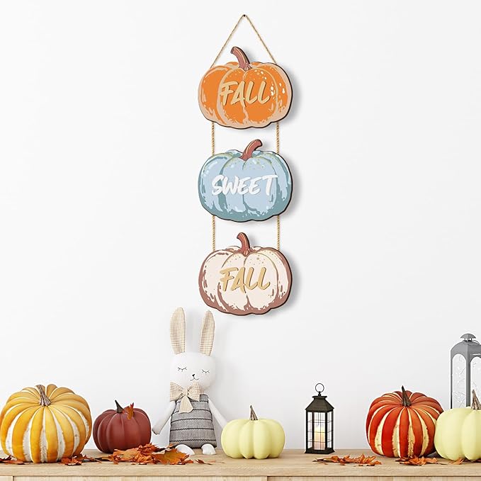 CozyNest Decor fall pumpkin welcome sign set with rustic wooden autumn decorative signs for porch or wall décor, 3 pieces.