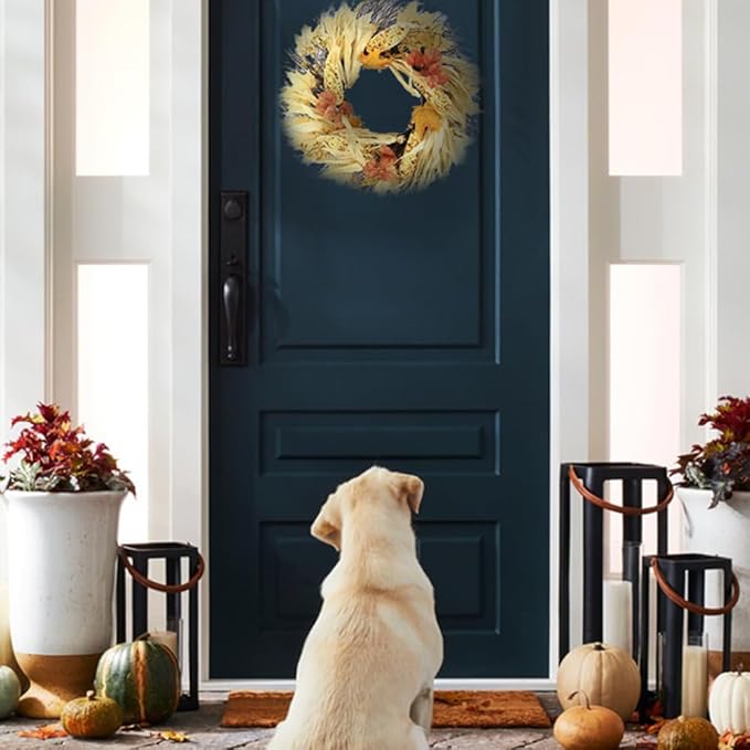 CozyNest Decor autumn corn husk wreath, 26-inch natural fall-colored artificial wreath for home decor, weddings, and seasonal events.