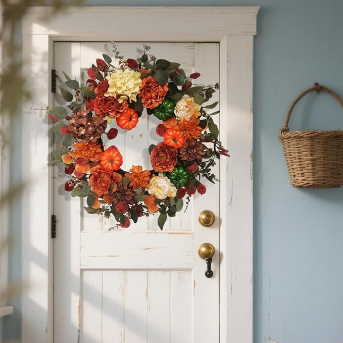 CozyNest Decor 24-inch fall wreath with realistic pumpkin, hydrangea, peony, and dahlia flowers for front door autumn decor