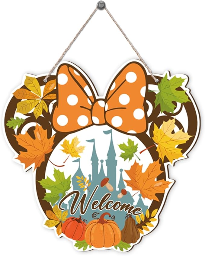 CozyNest Decor fall mouse welcome door sign with wooden maple leaves and mushrooms, autumn harvest wall decor, housewarming gift