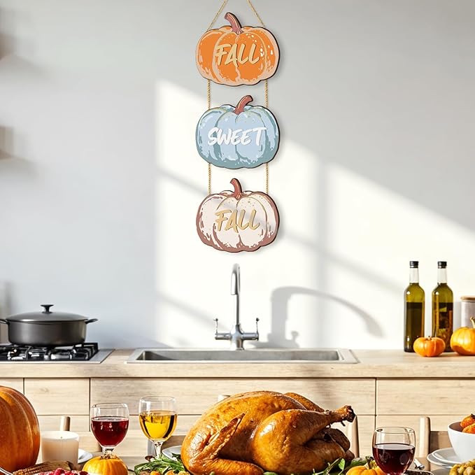 Set of three CozyNest Decor fall pumpkin welcome signs with rustic wood finish, perfect for porch or wall autumn decor.