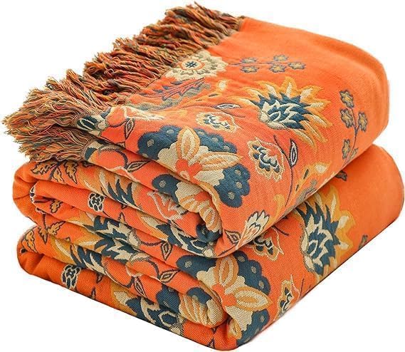 CozyNest Decor orange floral printed fall throw blanket for couch or bed, lightweight 100% cotton rustic quilt, 60x80 inches.