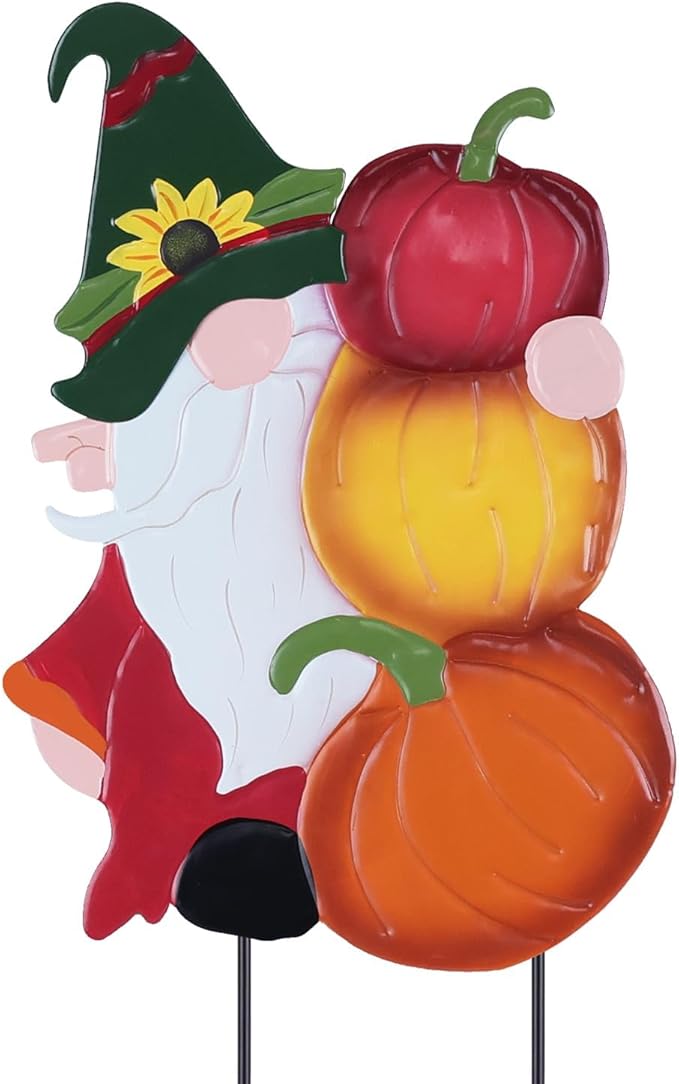 CozyNest Decor metal gnome fall garden stake with pumpkin, outdoor autumn yard sign for yard, lawn, porch, and garden decor.
