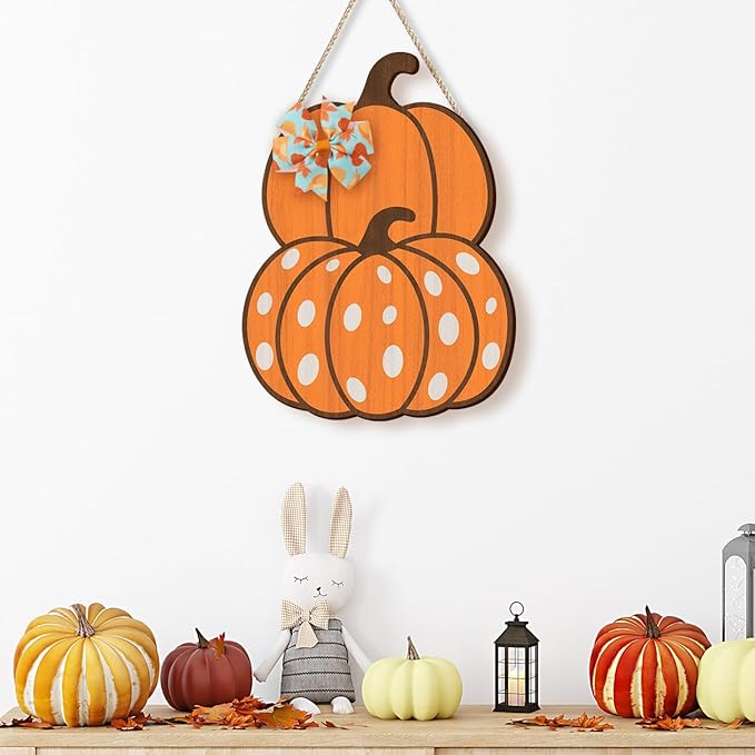 Color Valley Art Wooden Pumpkin Door Sign from CozyNest Decor, rustic fall decor wall art for Thanksgiving porch decoration.