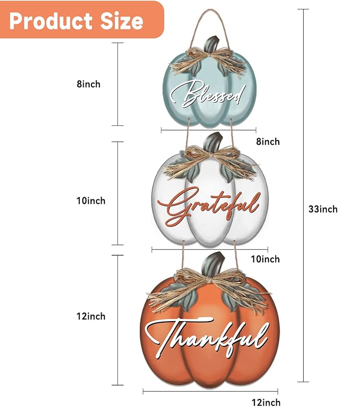 Set of three CozyNest Decor pumpkin-themed wall signs with grateful, thankful, blessed messages for autumn harvest and holiday decor.