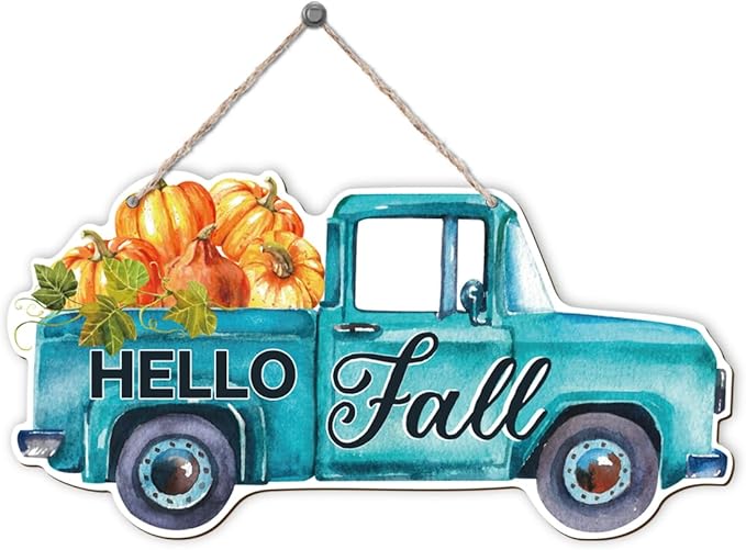 Rustic fall door hanger with pumpkin and truck design, CozyNest Decor wooden welcome sign for porch or indoor autumn decor.