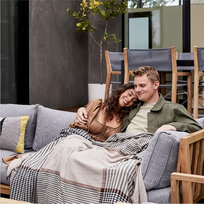 CozyNest Decor outdoor bug shield throw blanket with insect repellent, striped plaid design, lightweight for camping, picnic, or beach use.