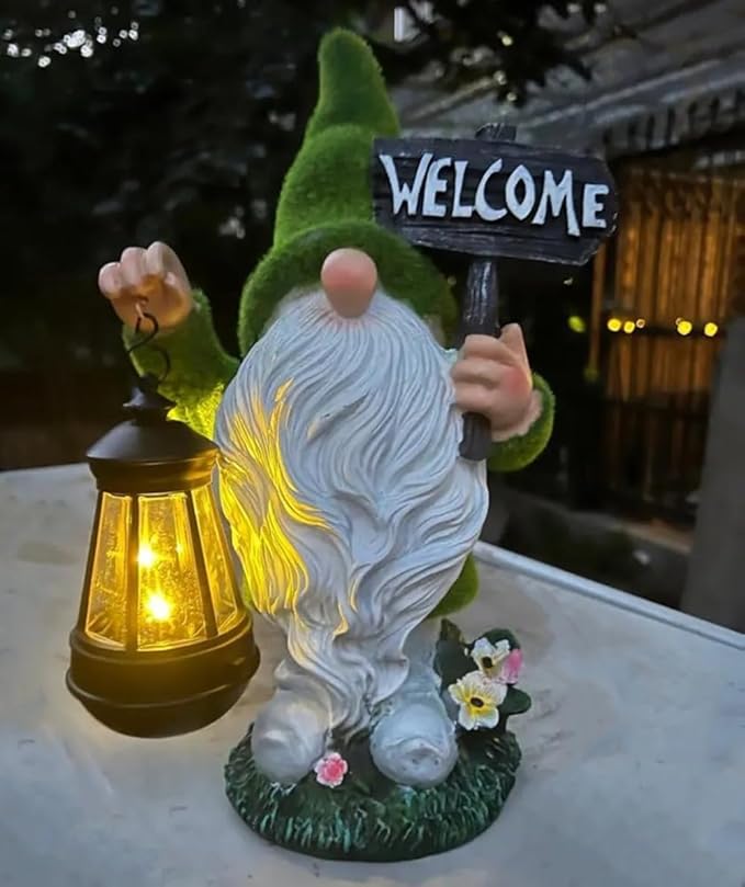 CozyNest Decor outdoor garden gnome statue with solar lantern, autumn-themed Halloween welcome decoration for yard or patio, green and white.