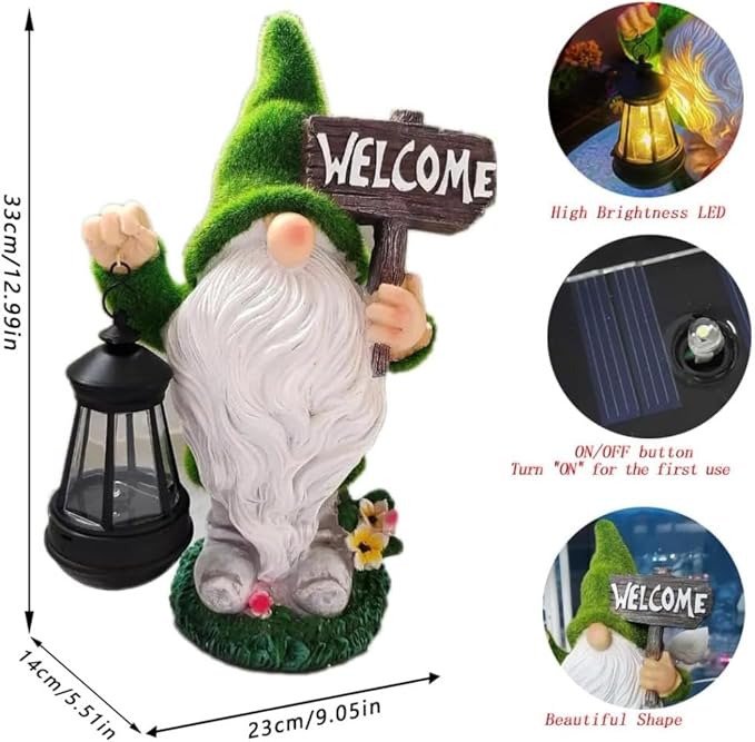 CozyNest Decor outdoor solar gnome statue with lantern, green and white fall Halloween autumn garden decoration for yard or patio