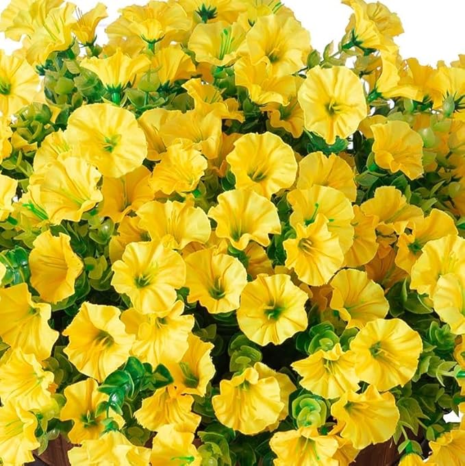 Artificial fall flowers in a hanging basket with yellow silk morning glories and eucalyptus, ideal for outdoor porch or patio decor.