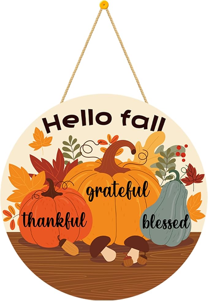 Rustic round wood wreath with maple leaves garland for fall porch decor, perfect for front door, kitchen wall, or outdoor Thanksgiving decor