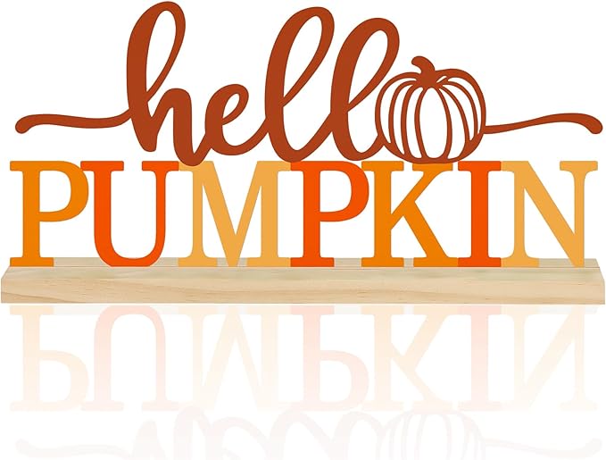 CozyNest Decor metal Hello Pumpkin sign in orange, autumn-themed decorative plaque for home or office fall decor.