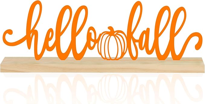 CozyNest Decor Hello Fall metal sign with orange autumn leaves and pumpkin design, perfect for home or office fall decor.