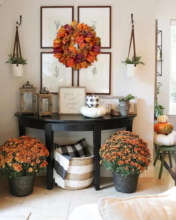 CozyNest Decor 20-inch fall wreath with autumn magnolia leaves, fruit accents, suitable for front door, porch, or mantel decor