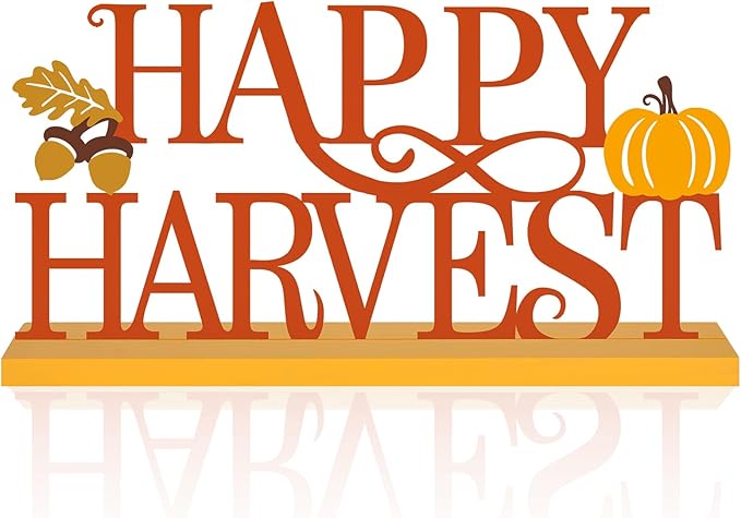 CozyNest Decor COCHIE Metal Happy Harvest sign featuring orange autumn leaves and pumpkin design for fall home or office decor.