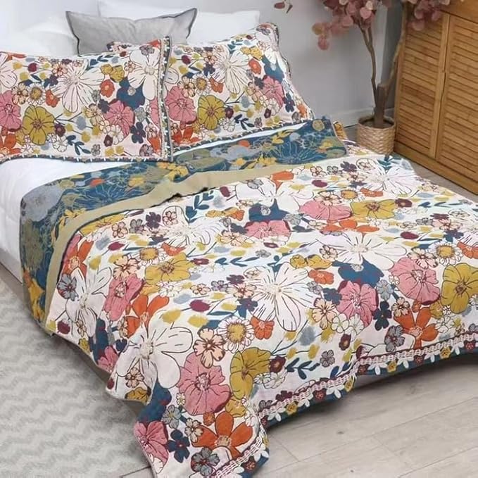Colorful floral boho muslin blanket for adults, 80x90 inches, soft cotton twin size bed coverlet for sofa or bed.