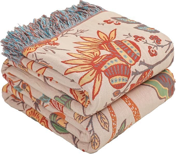CozyNest Decor boho fall throw blanket for bed, floral printed 100% ultra cotton breathable quilt in orange and sage green, 90x98 inches.