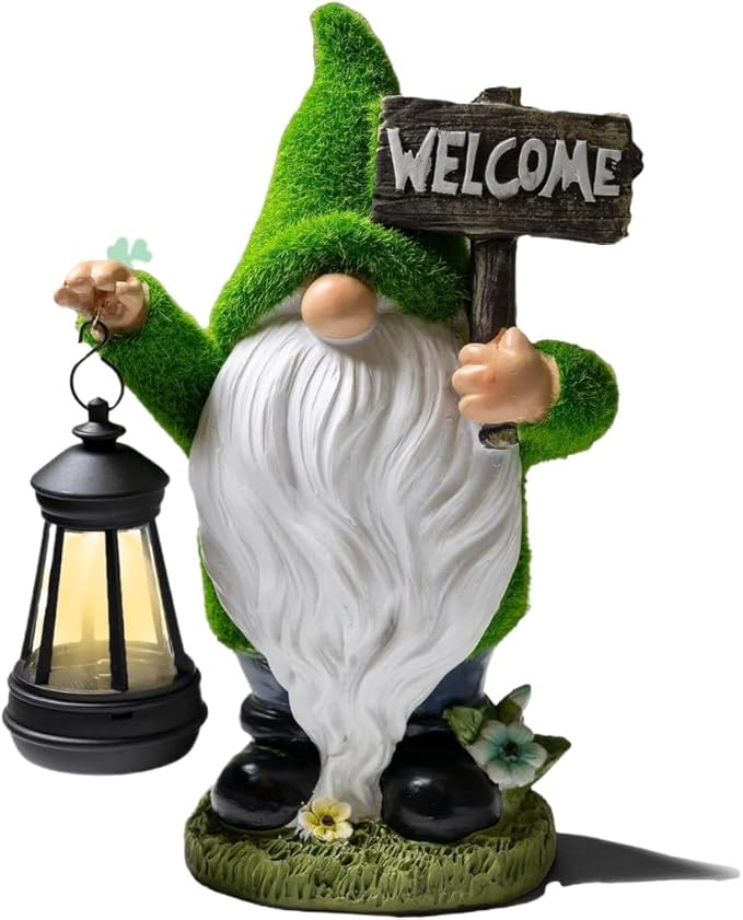 CozyNest Decor outdoor gnome statue with solar lantern, fall Halloween autumn garden decor, green and white welcome figure for yard