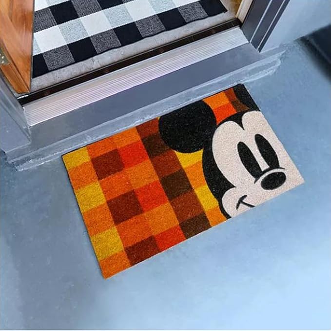CozyNest Decor Disney Mickey Mouse doormat set with fall plaid design, indoor outdoor entryway coir rugs, 20x34 inches, 2-pack