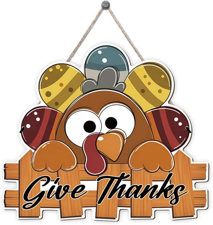 CozyNest Decor Give Thanks turkey wooden sign for front door, fall Thanksgiving outdoor porch decoration, housewarming gift