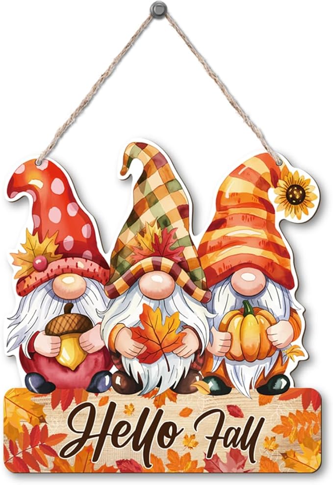 Rustic Hello Fall wood hanging gnome decoration and autumn wooden sign by CozyNest Decor for Thanksgiving home interior and exterior decor.