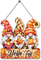 Rustic Hello Fall wood hanging gnome decoration and autumn wooden sign by CozyNest Decor for Thanksgiving home interior and exterior decor.