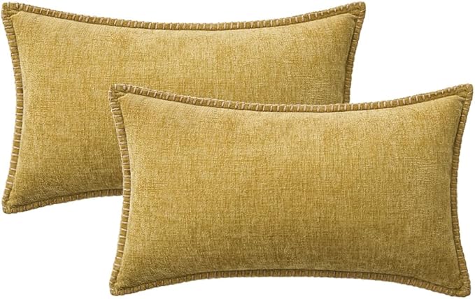CozyNest Decor MIULEE mustard yellow throw pillow covers, 12x20 inches, soft chenille farmhouse decorative covers with stitched edges.