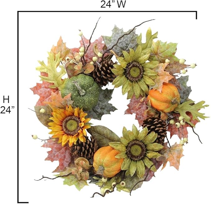 CozyNest Decor 24-inch artificial fall pumpkin sunflower wreath with green and autumn tones, perfect for farmhouse door or wall decor.
