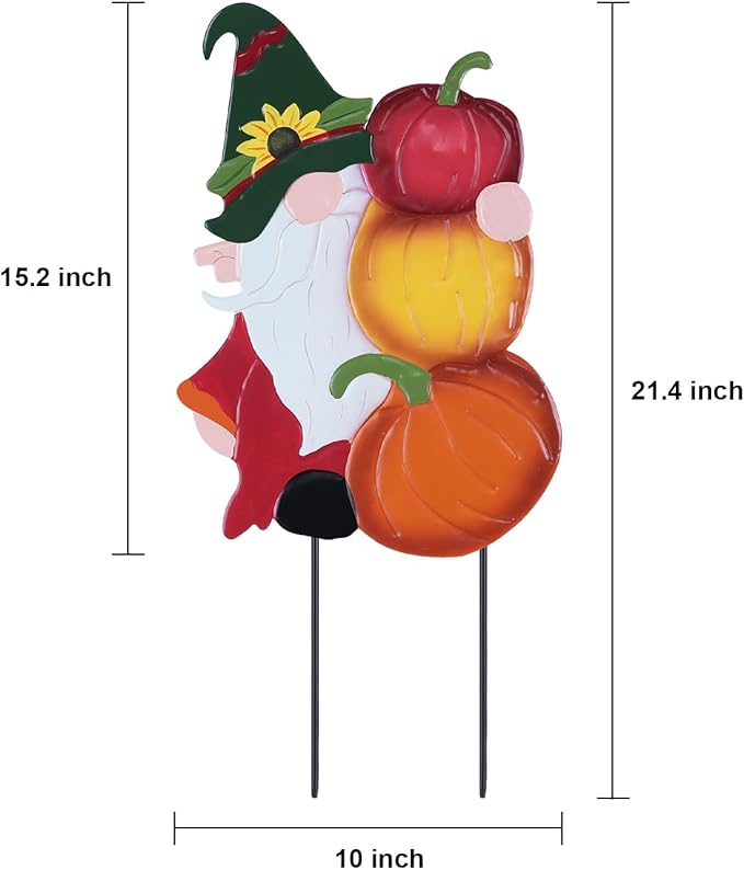 Metal gnome with pumpkin outdoor garden stake for fall decor, autumn yard sign by CozyNest Decor, perfect for lawn and porch decoration