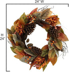 CozyNest Decor artificial 24-inch fall magnolia leaf vine wreath with orange pinecones, autumn leaves, berries for door or wall decor