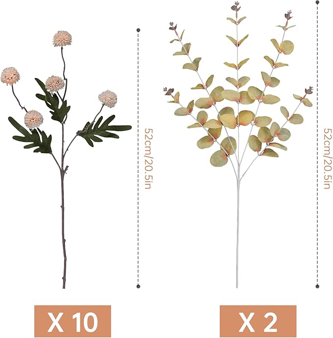 Artificial beige Kiku flowers with eucalyptus stems, faux mums pompon ball, ideal for boho bedroom or wedding decor by CozyNest Decor.
