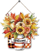 CozyNest Decor Thanksgiving welcome door sign with pumpkin design, wooden fall harvest decor for farmhouse porch and autumn home.