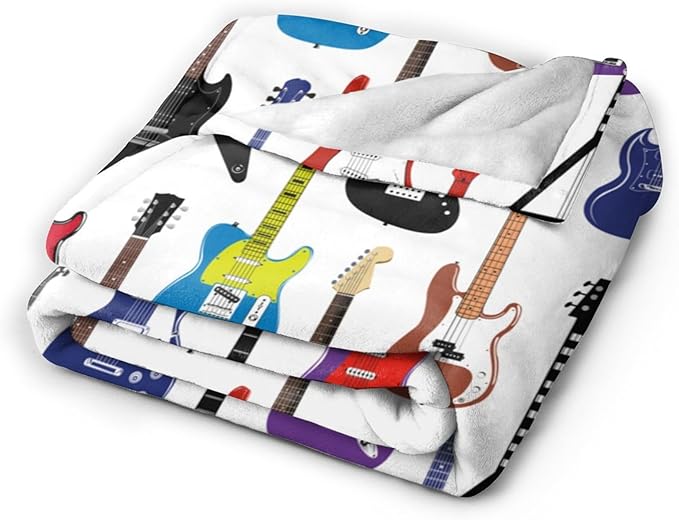 CozyNest Decor electric guitar pattern fleece throw blanket, soft and warm for kids, teens, and adults, ideal for couch or bed.