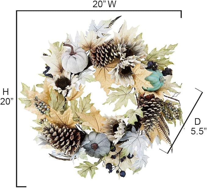 CozyNest Decor 24-inch artificial pumpkin sunflower fall wreath with rustic white accents for farmhouse decor on door or wall.