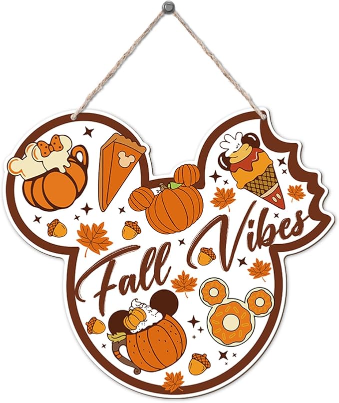 Fall Vibes door hanger featuring a wooden mouse, maple leaves, and mushrooms, perfect for autumn harvest and Thanksgiving decor.