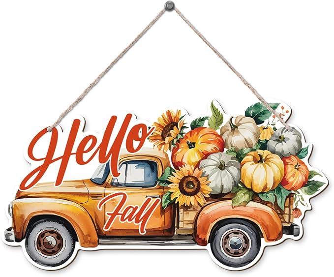 Hello Fall wood hanging truck decoration, rustic autumn wooden sign with harvest design for Thanksgiving home decor.