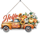 Hello Fall wood hanging truck decoration, rustic autumn wooden sign with harvest design for Thanksgiving home decor.