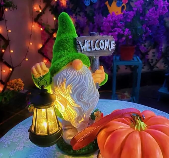 CozyNest Decor outdoor garden gnome statue with solar lantern, fall Halloween autumn welcome decoration for yard or patio, green and white.