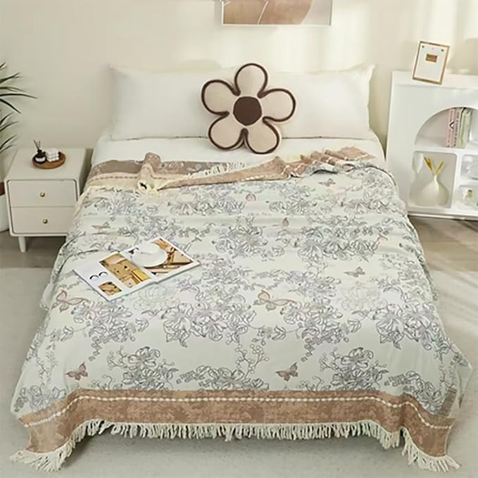 CozyNest Decor boho muslin bed blanket for adults, floral tan twin size 60x80 inches with tassels, soft 100% cotton summer coverlet